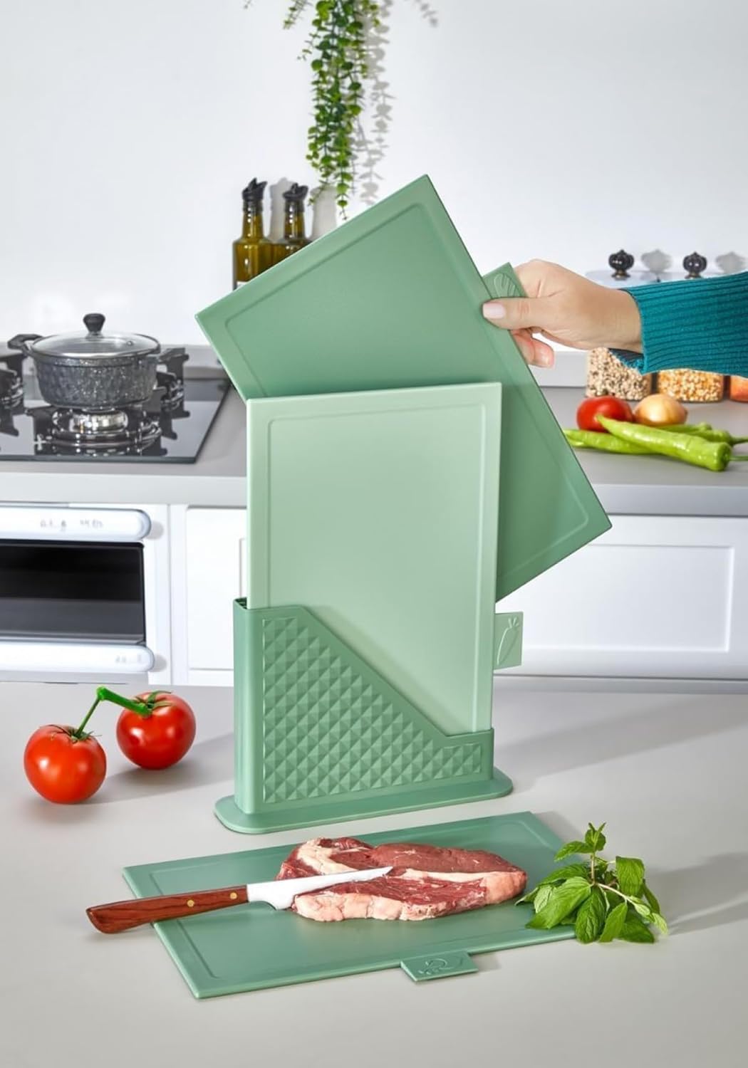4 Parça Plastik Kesme Tahtası Seti, Standlı, Renkli, Hijyenik, Kaymaz 3 Adet Gıda Hazırlama Tahtası 31x20 cm Sebze Et Balık Kesim Tahtası, Mutfak Düzenleyici Organizer - Görsel 2