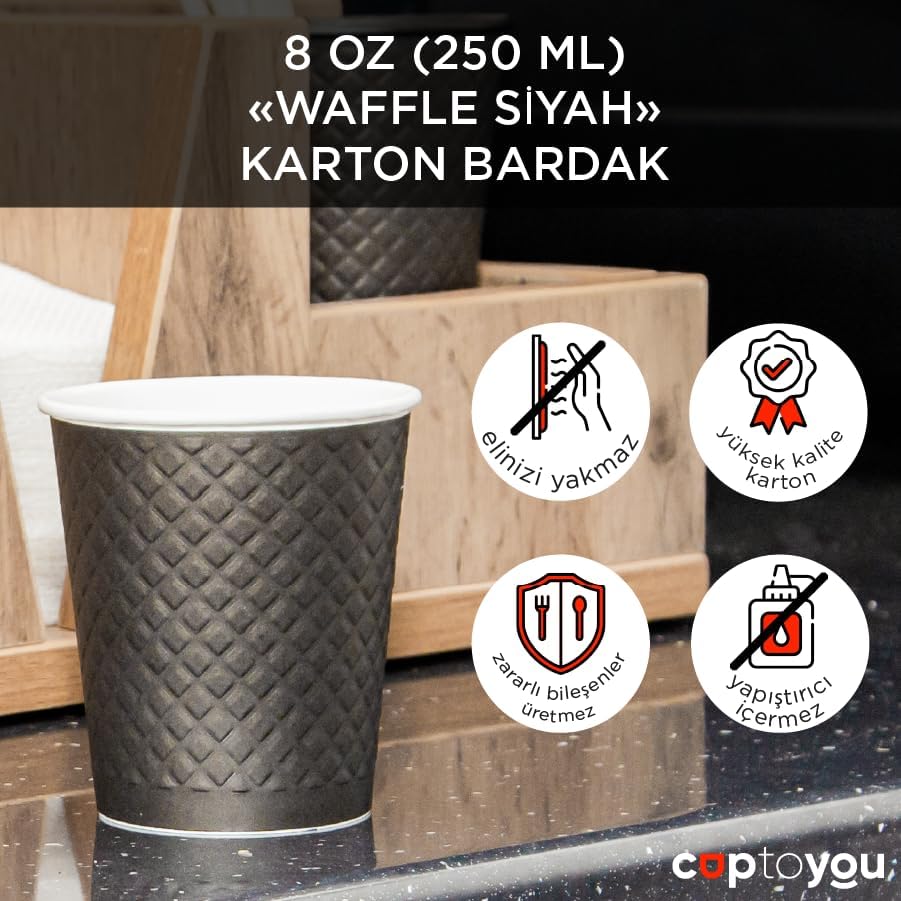 Alternative view of 25 adet siyah çift duvarlı kahve bardağı 8 oz, küçük kağıt çay bardakları 250 ml, soğuk ve sıcak içecekler, Waffle Siyah
