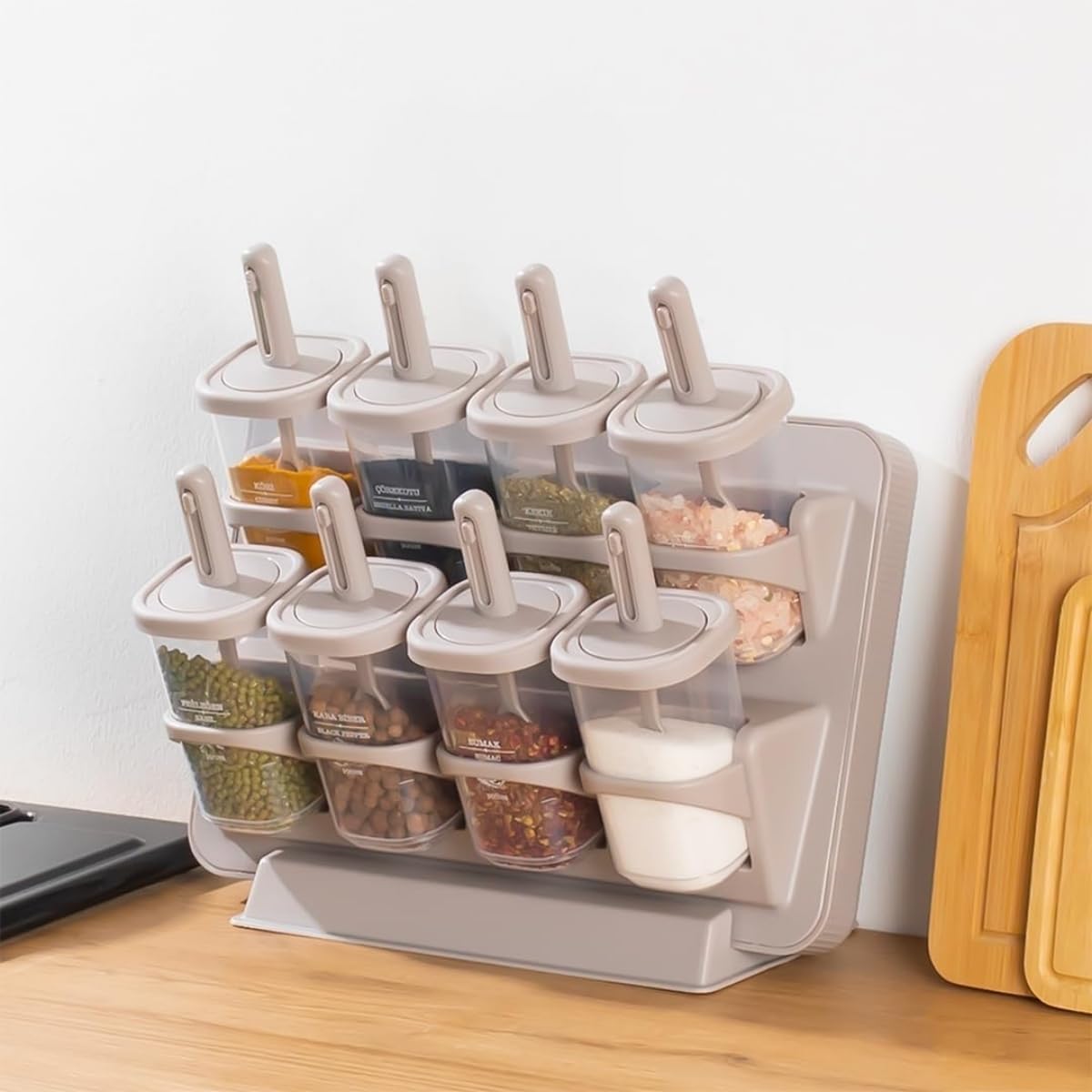 8'li Standlı Baharatlık Seti, Tezgah Üstü ve Duvara Monte, Kilitli Kapak, Şeffaf Kavanozlar, BPA İçermez, Modern Minimalist, Bej/Gri - Görsel 3