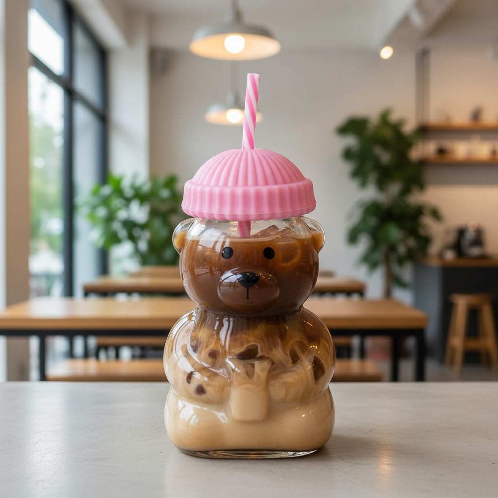Sevimli Ayıcık Figürlü Borosilikat Cam Bardak 580 ml - Silikon Kapaklı ve Pipetli Lüx Barista Soğuk İçecek Bardağı (PEMBE)