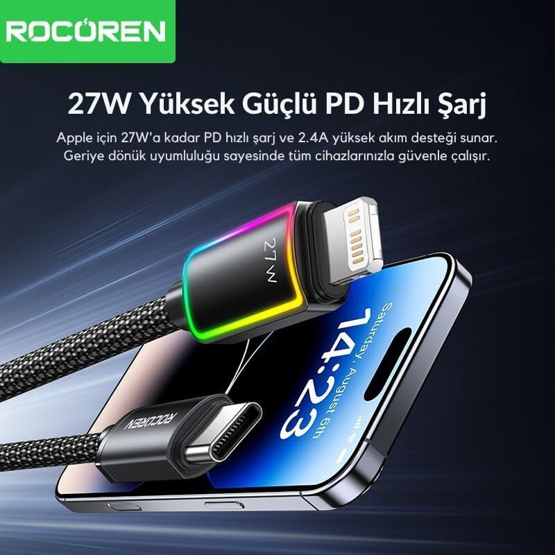 27W Type-C to Lightning RGB Aydınlatmalı Örgülü Şarj ve Data Kablosu 1 Metre