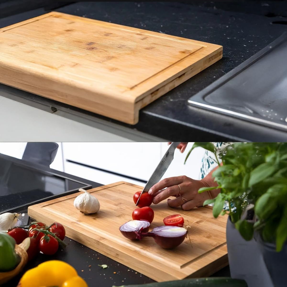Tezgah Üstü Bambu Kesme Tahtası, Kaymaz Ekmek Tahtası, Kenarlı Kesme Tepsisi Orta Boy (35cm*25cm) - Tezgah Üstü Bambu Kesim Panosu Antibakteriyel ve Hijyenik, Dayanıklı ve Sağlam. - Görsel 3