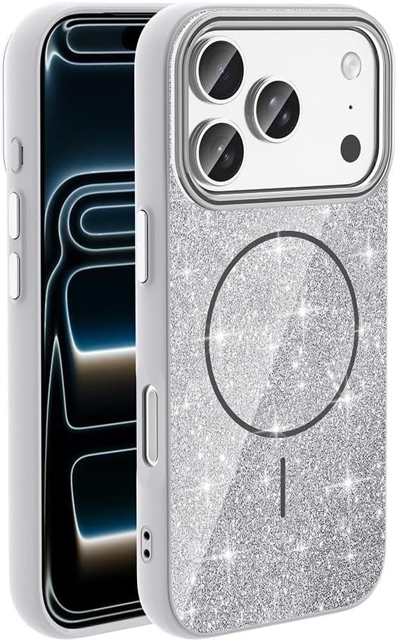 PSR Aksesuar iPhone Kılıf – M-safe Uyumlu Parlayan Simli Okso Kapak, Darbe ve Kamera Koruma Silikon Case (Beyaz, iPhone 17 Pro) - Görsel 3