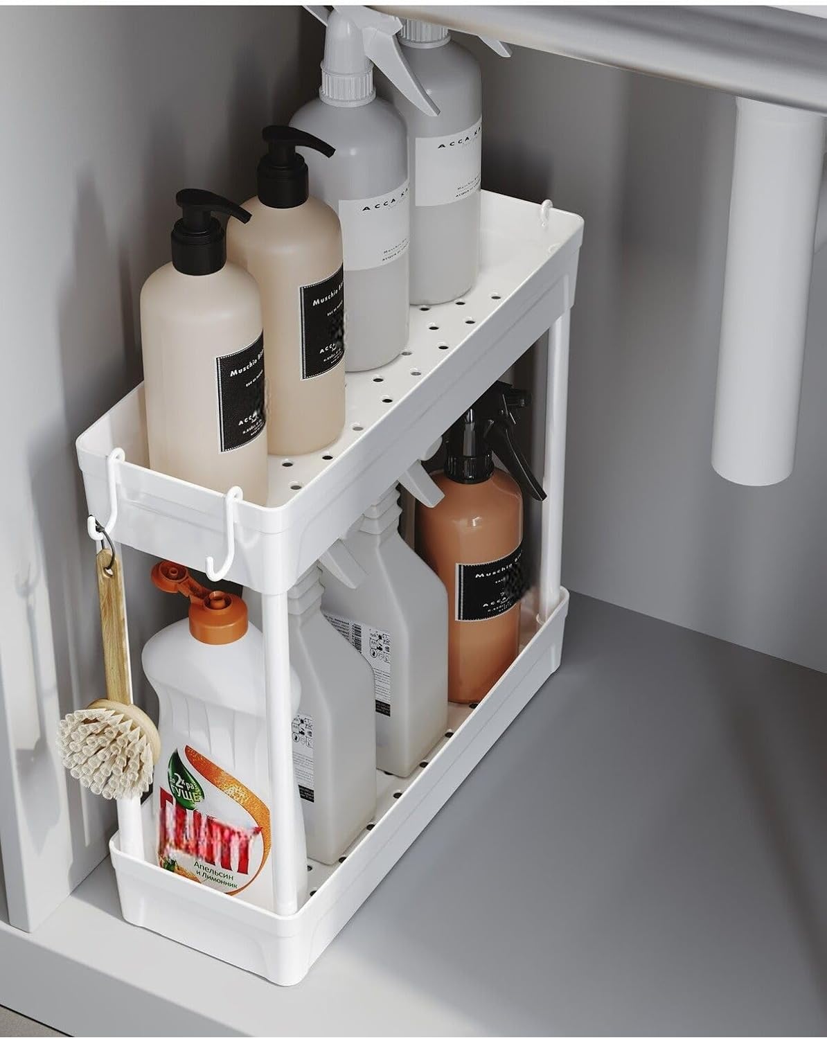 Rafata Çok Amaçlı 2 Katlı Evye Altı Düzenleyicisi Askılı Banyo Düzenleyici Dolap İçi Organizer Raf