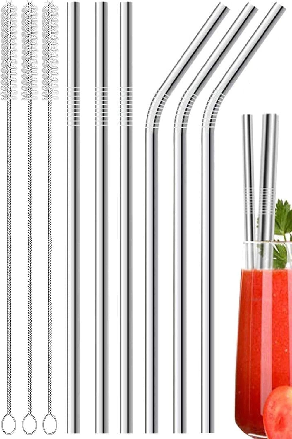 Alternative view of 6’lı Krom Paslanmaz Metal Pipet Seti – 3 Adet Pipet Temizleme Fırçası Hediyeli, Çevre Dostu Metal Pipet, Dayanıklı Paslanmaz Çelik Pipet, Uzun & Kısa İçecek Pipeti Seti (6 LI Set)