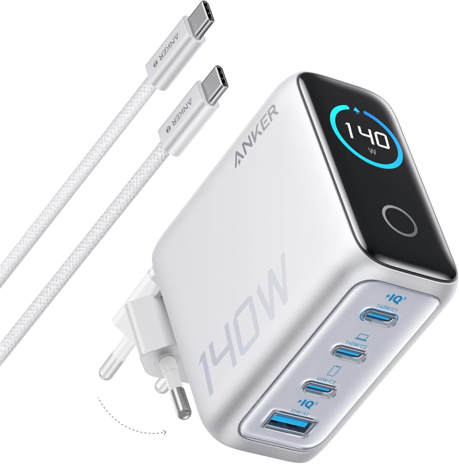 140W USB-C Şarj Cihazı, 4 Bağlantı Noktalı, Çoklu Cihaz Hızlı Şarj Gücü, Gelişmiş GaN Güç Kaynağı, Dokunmatik Kontrol, Gümüş - B2697 - Görsel 3