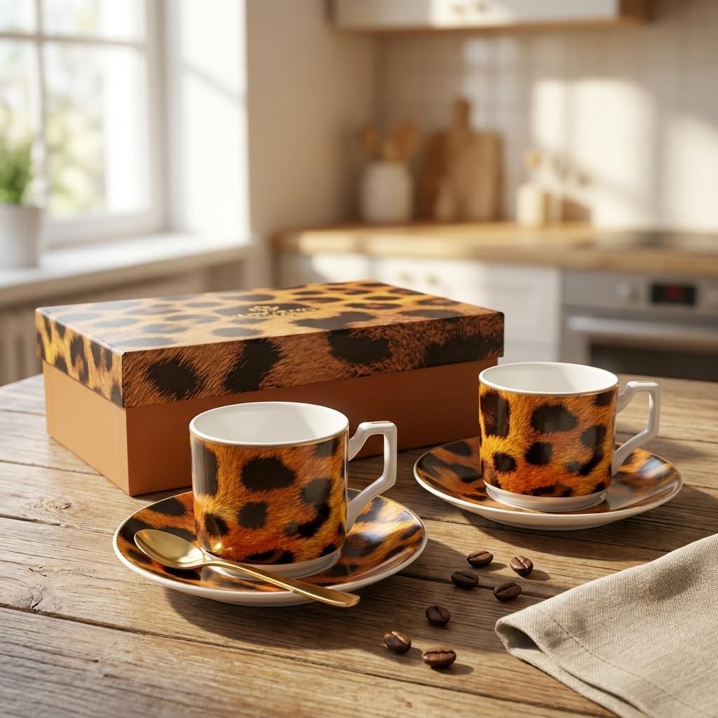 2'li Porselen Kahve Fincanı Takımı - 100 cc Leopar Desenli Altın Yaldızlı Premium Türk Kahvesi ve Espresso Fincan Seti - Görsel 3