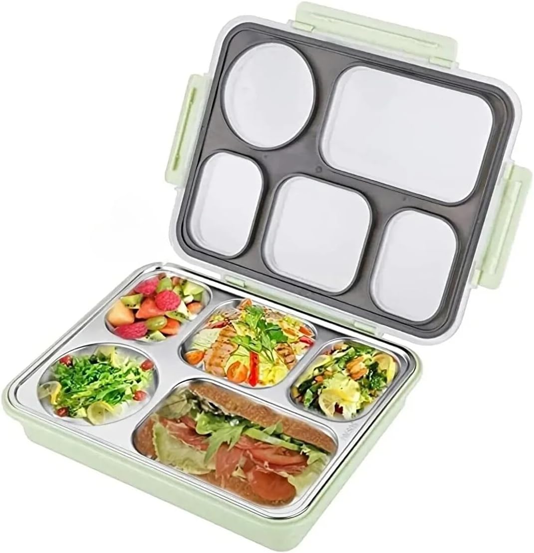 1600ml Lunchbox Tek Katlı 5 Bölmeli Çelik Sefer Tası Yemek Kutusu (Açık Yeşil) - Görsel 3