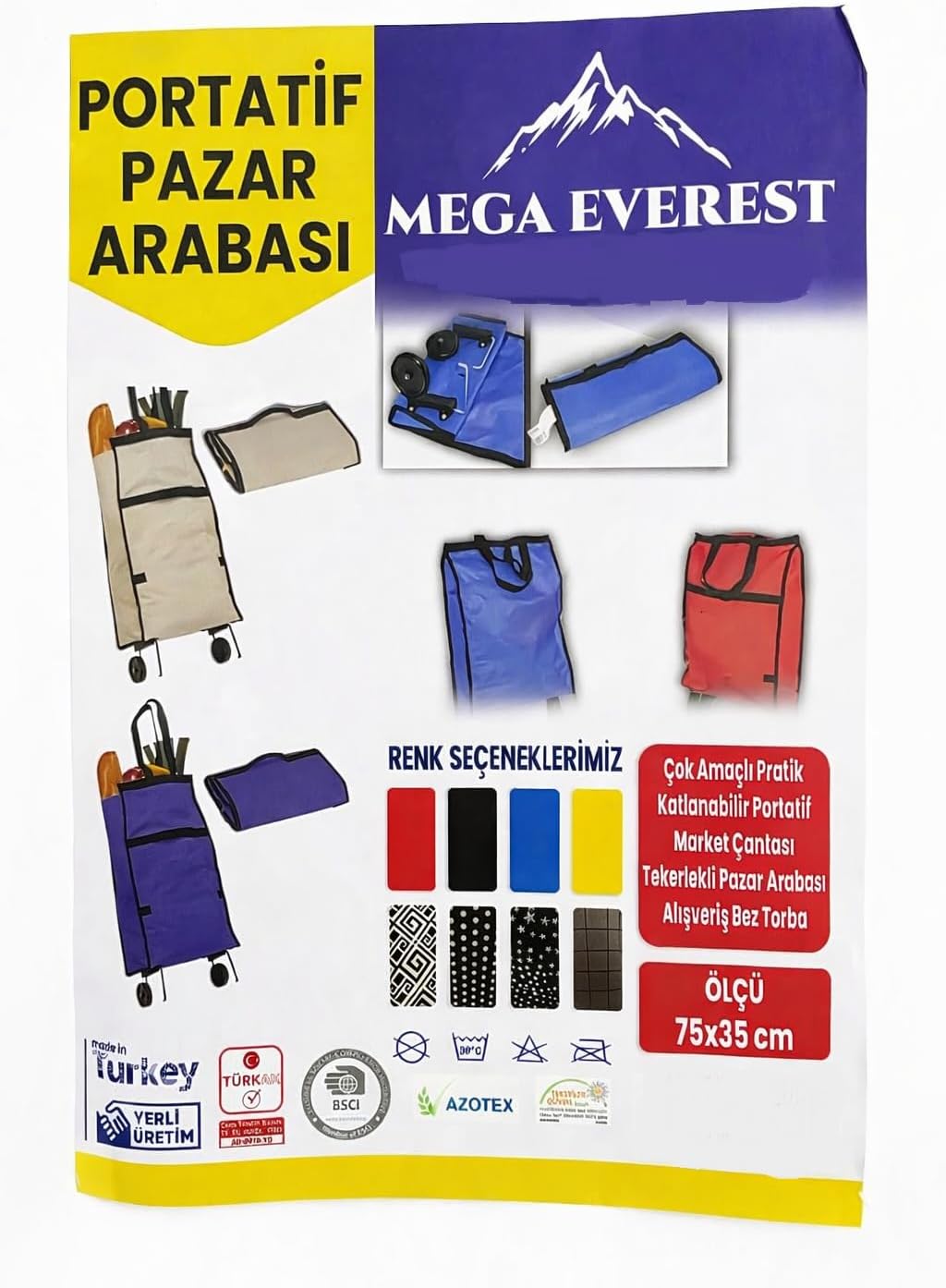 PAZAR ARABASI (PORTATİF KATLANABİLİR) (TEKERLEKLİ) (MARKET ÇANTASI & ALIŞVERİŞ BEZ TORBA) (75X35CM)*50 (KARMA RENK VE DESEN)