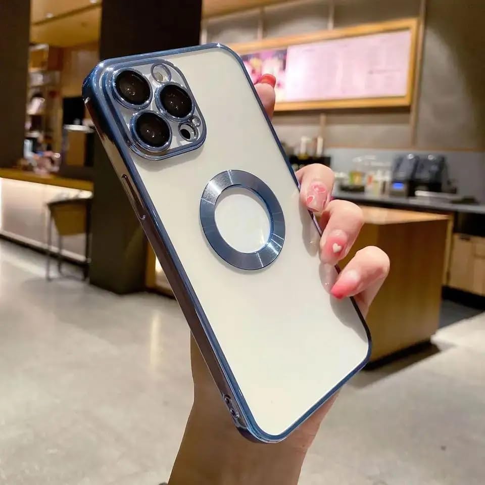 & AKSESUAR iPhone 14 Pro ile Uyumlu Laser Şeffaf Parlak Arka Yüzey Ve Logo Detaylı Kenarları Silikon Yapıya Sahip Lens Koruyuculu Kılıf (Mavi)