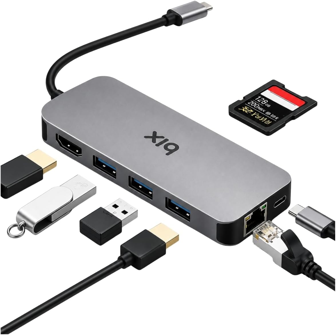 BX10HB 8'i1 Arada Type-C Hub 4K@30Hz HDMI Bağlantı, 100W PD Güç Dağıtımı C Tipi Şarj Bağlantı Noktası, 1Gbps Ethernet, 3* USB 3.0, Macbook Pro/Air, Windows, Chrome/Android Uyumlu Çoklayıcı Adaptör - Görsel 3