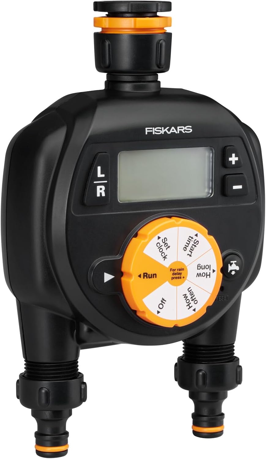Fiskars 2 çıkışlı zamanlayıcı/zamanlayıcı, tüm standart musluk boyutları için, kolay okunabilir LCD ekran, evrensel boyut, 580 g, siyah/turuncu, 1054792