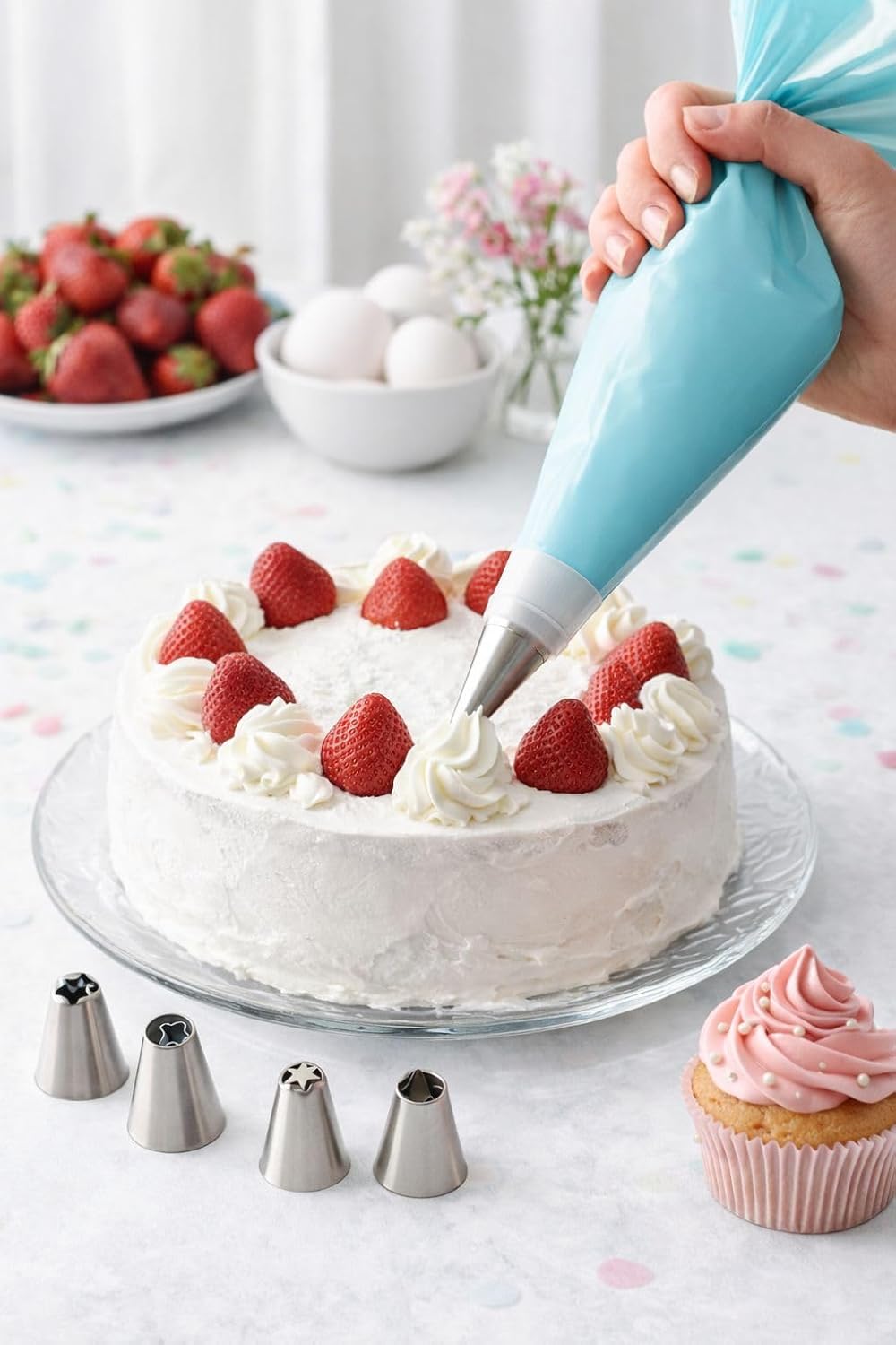 Profesyonel Pasta ve Cupcake Süsleme Seti, Krema Sıkma Torbası ve 6'lı Paslanmaz Duy Seti, Mutfak Dekorasyon Malzemesi, Beyaz/mavi/pembe - Görsel 3