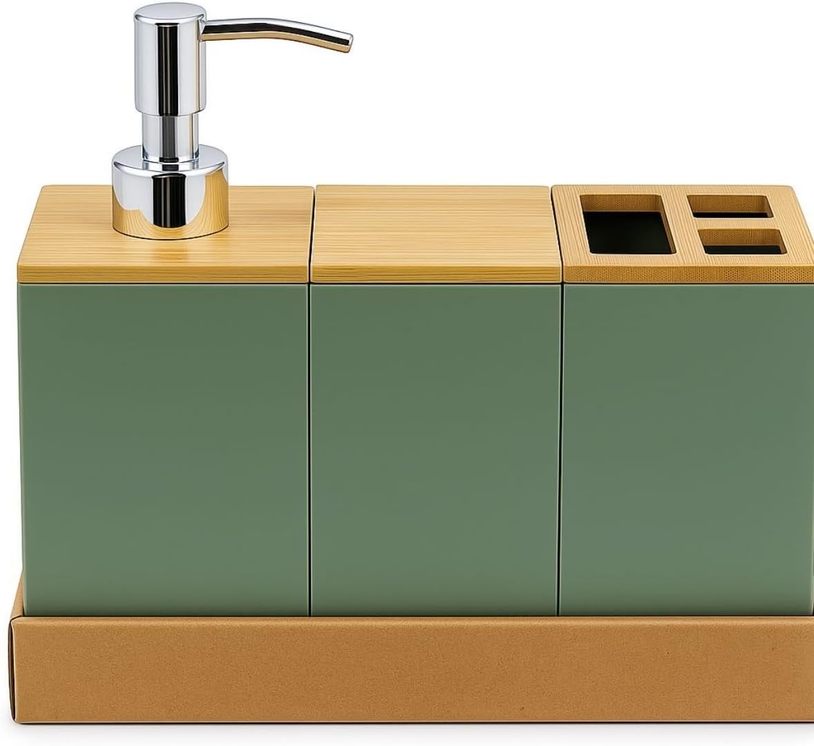 Bambu Kapaklı Yeşil Banyo Seti – Sıvı Sabunluk, Diş Fırçalık, Çok Gözlü Organizer ve Düzenleyici