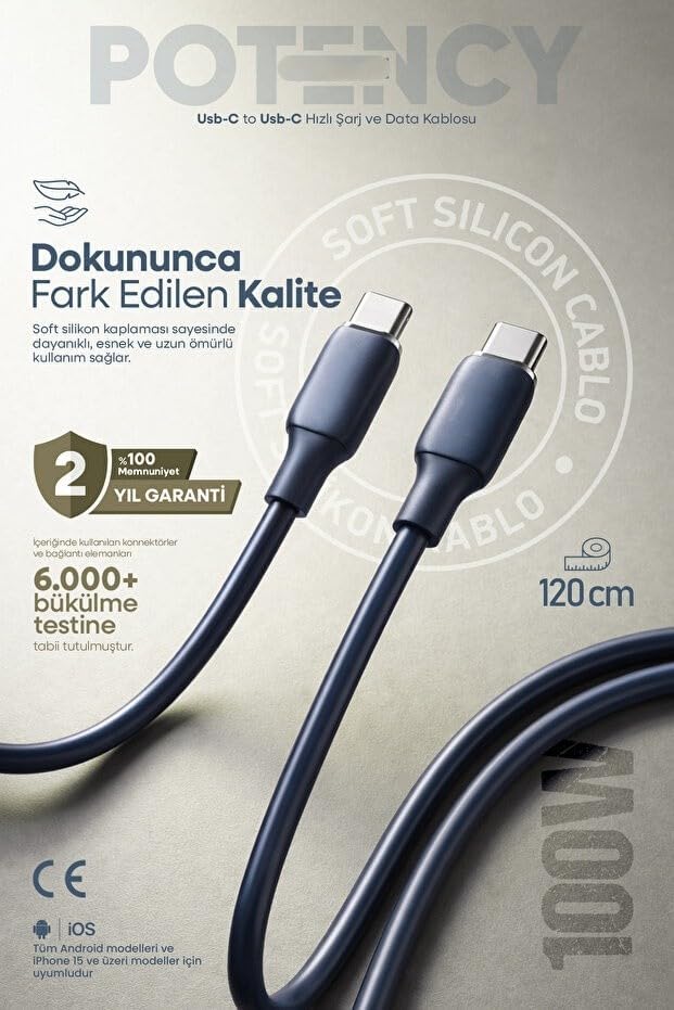 100W Potency Type-C to Type-C Isıya Dayanıklı Hızlı Şarj ve Data Kablosu 1.2m Siyah