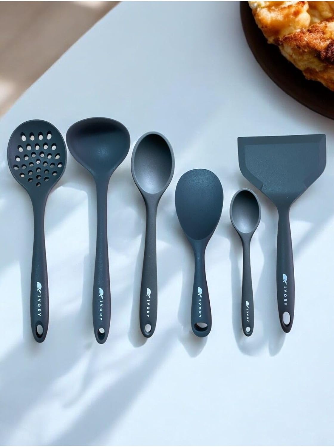 Isıya Dayanıklı Silikon Kevgir Kepçe Kaşık Spatula Seti, 6 Parça, Gri - Görsel 3