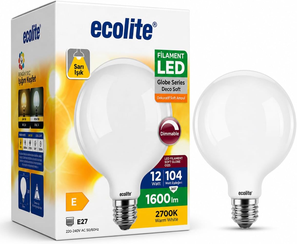 Alternative view of G125 Büyük Boy LED Ampul 12W (104W Eşdeğer) E27 Duy Dimmer Uyumlu 1600 Lümen 2700K Sarı Işık Dekoratif Soft Globe Ampul 178x125 mm