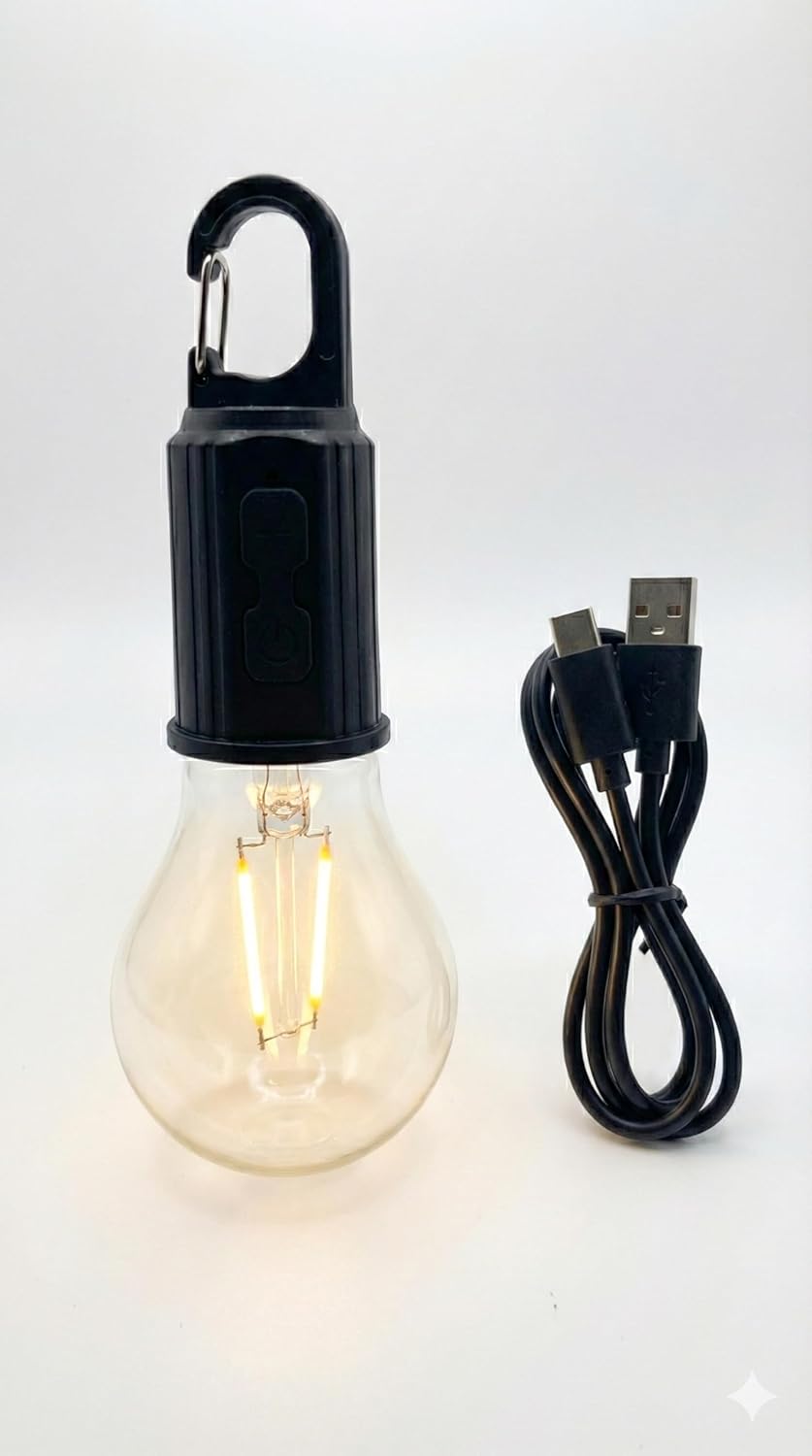 Şarjlı Taşınabilir LED Ampul Lamba – USB ile Şarj Edilebilir, 3 Kademeli Işık, Asma Kancalı & Kamp, Bahçe, Dolap, Balkon, Banyo İçin Acil Aydınlatma (3200K) - Görsel 2