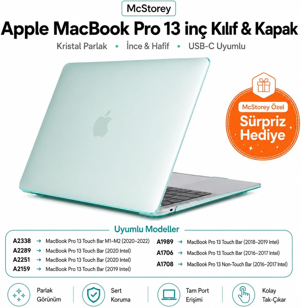 MacBook Pro 13 Kılıf A1706 A1708 A1989 A2159 A2251 A2289 A2338 M1 M2 Uyumlu Kristal Parlak Sert Hard Case İnce Hafif Koruyucu Kapak - Görsel 3