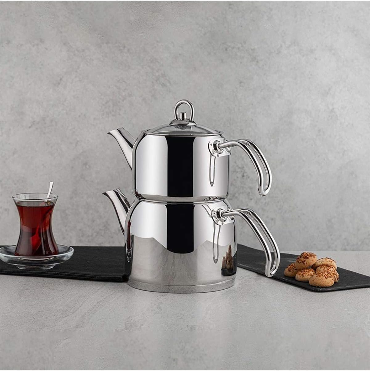 Nehir Modern Mini Küçük Boy 0.8-1.6 Lt. Paslanmaz Çelik Çaydanlık Takımı - Görsel 3