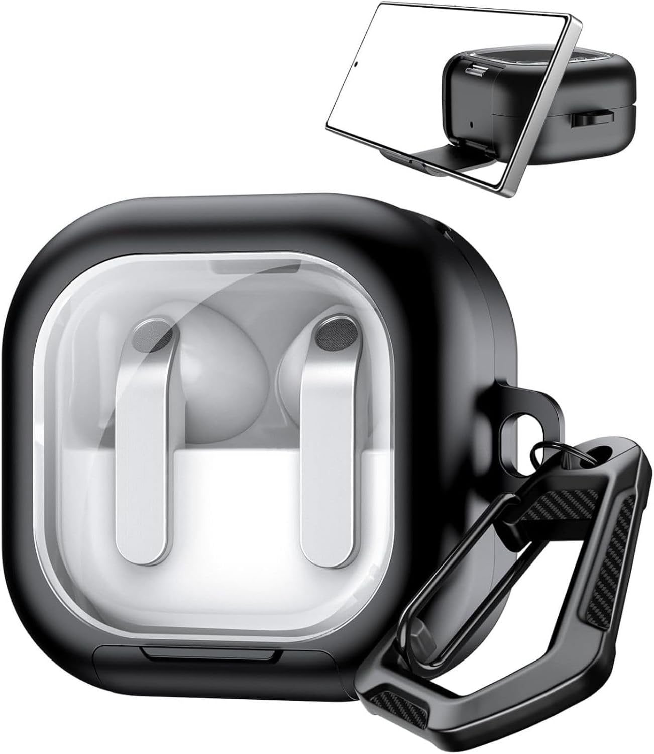 [Black-Frame]  Galaxy Buds4 Pro/Buds 4 için Kılıf [Fonksiyonel Stantlı Tasarım] Kulaklık Kılıfı [Güvenlik Kilit Tasarımlı] Taşıma Askılı TPU Koruyucu  Buds 4 Pro Kılıf (Siyah)