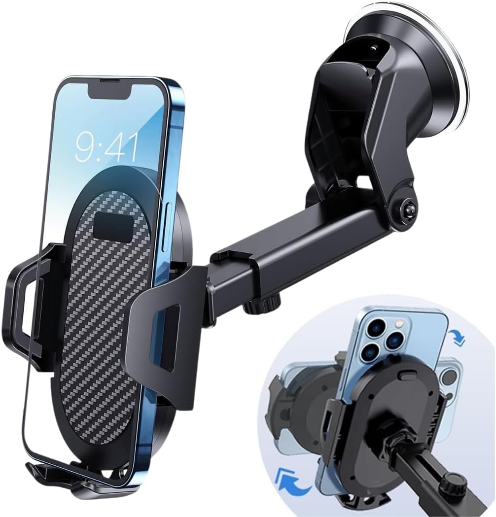 Araç Telefon Tutucu – 360° Dönebilir Vantuzlu, Şok Emici, Tek Tuşla Sabitleme, Ultra Güçlü Vakum, 4.7”–7” Telefonlar için Uyumlu