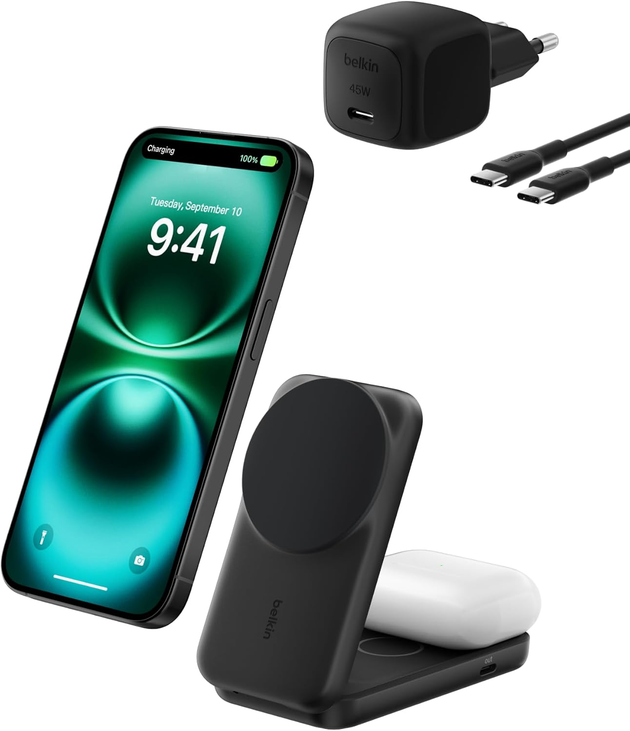 UltraCharge MagSafe Uyumlu 2’si 1 Arada Qi2 25W Kablosuz Şarj İstasyonu, iPhone 17, AirPods, Pixelsnap, Dönüştürülebilir Masaüstü Standı, USB-C Portlu, 45W Adaptör, Siyah - Görsel 2