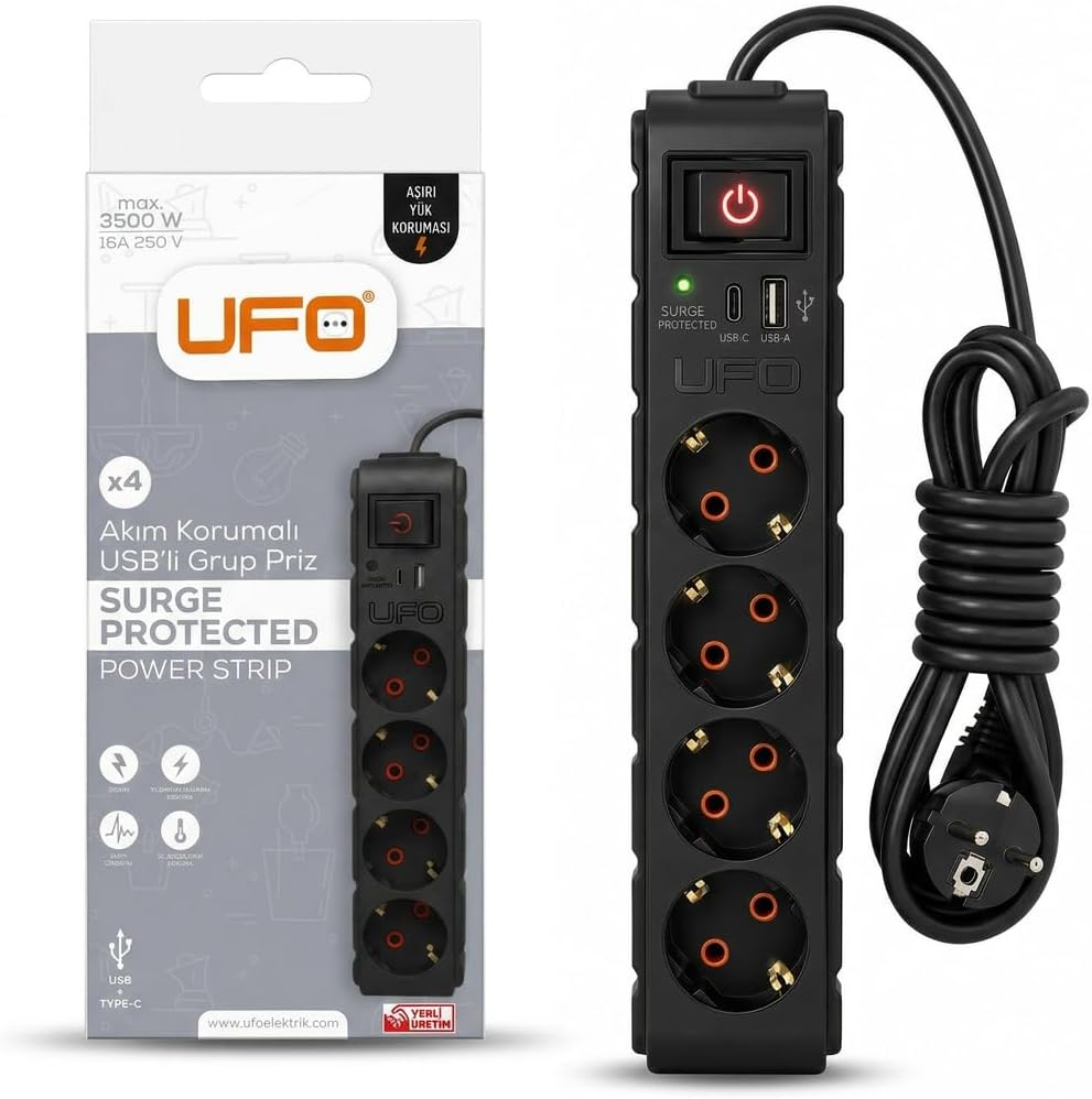 Yeni 4lü Akım Korumalı Grup Priz 1,5 Metre Bakır Kablolu, 5V 2,4A USB ve Type-C ile Şarj, Anahtarlı Topraklı Priz, Sürekli Koruma, 16A 250V, Max 3500W Aşırı Yük Koruması, 1,5m. Siyah renk