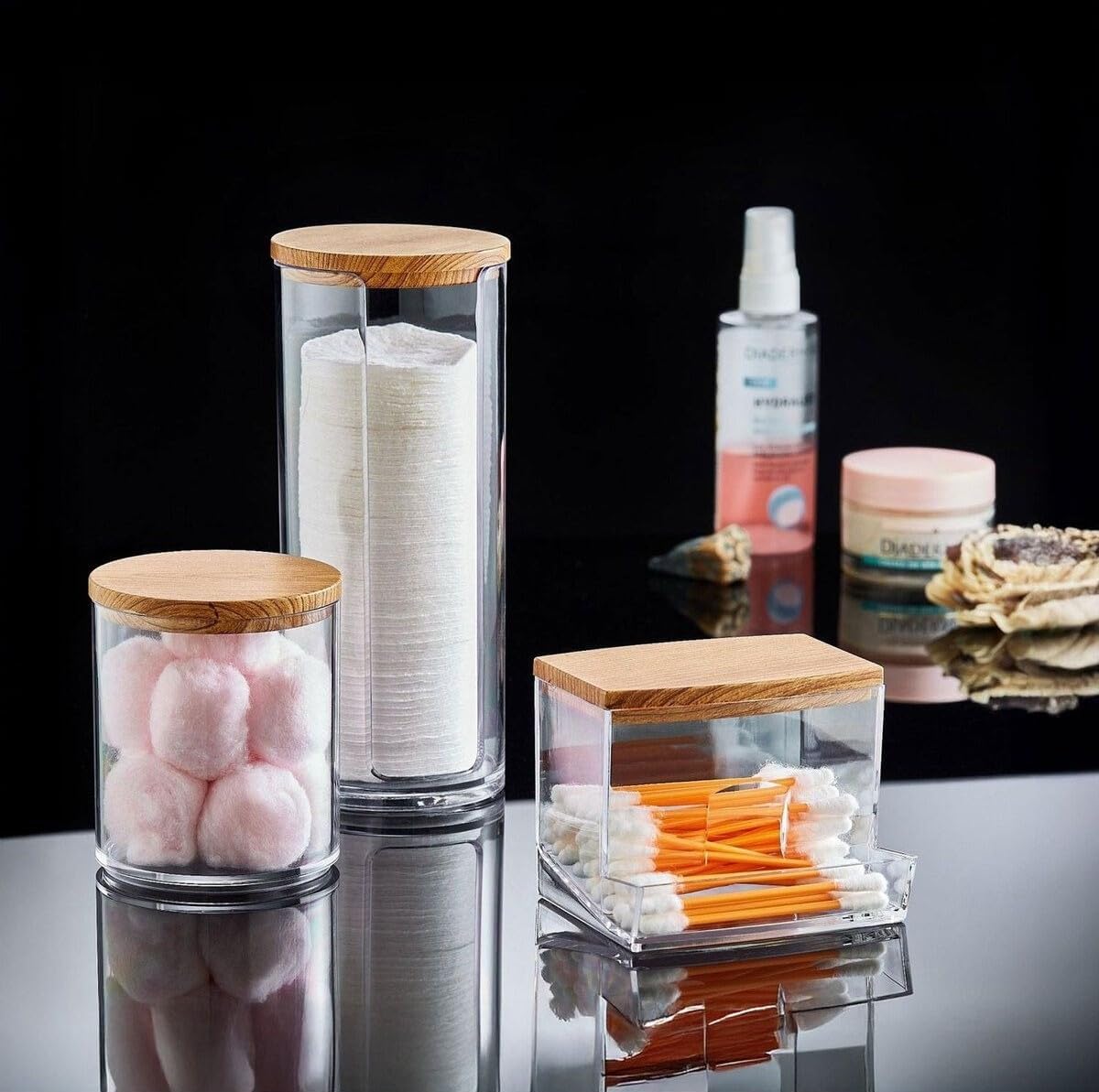 Alternative view of Ahşap Görünümlü Kapak 3'lü Organizer Set, Modern Pamukluk Düzenleyici Şık 3'lü Pamukluk Set - Şık ve Fonksiyonel Ahşap Görünümlü Kapaklı - Mutfak ve Banyonuzu Düzenleyin!