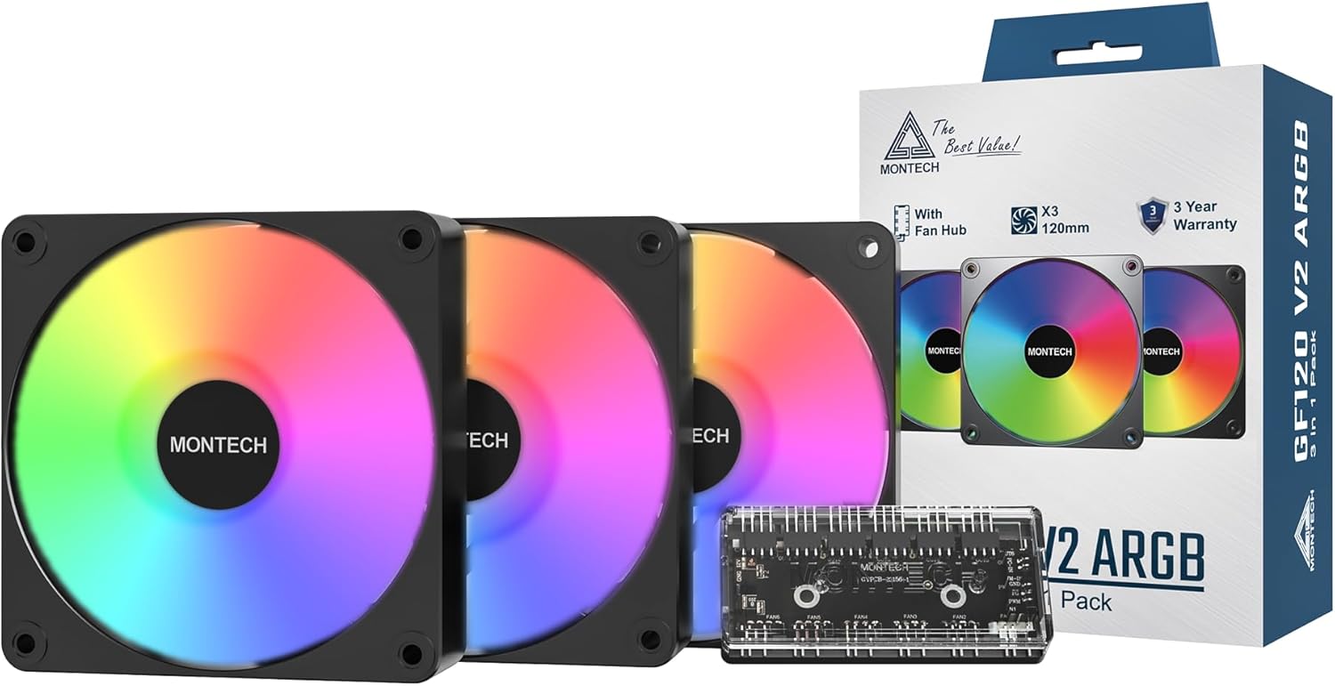 Alternative view of GF120 V2 ARGB PWM 120mm Kasa Fanı – 3’lü Set, Yüksek Hava Akışı, Hidrolik Rulman, Sessiz Performans, Canlı ARGB Aydınlatma, 6×6 Fan Hub Dahil, Siyah