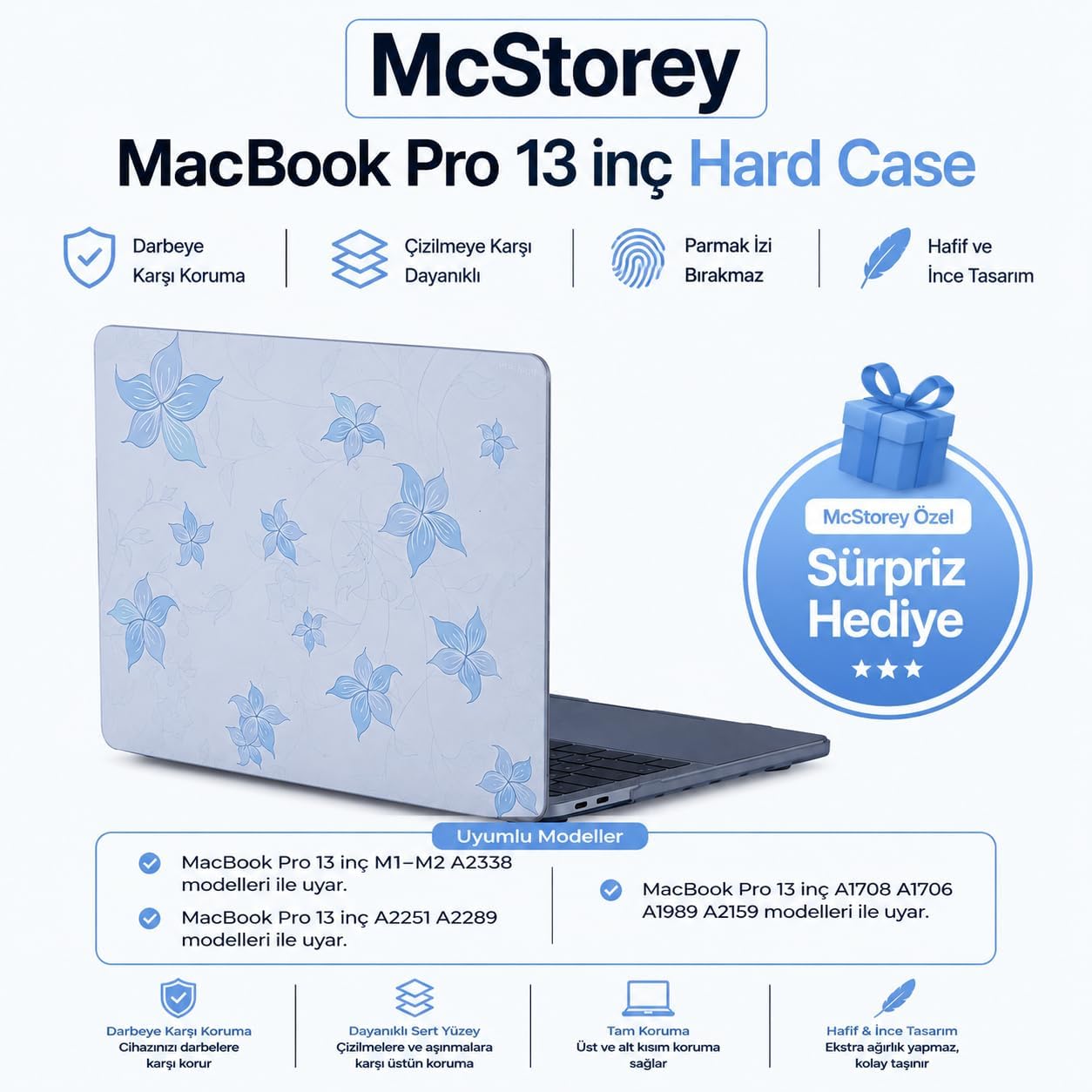 Alternative view of MacBook Pro 13 Çiçek Desenli Kılıf A1706 A1708 A1989 A2159 A2251 A2289 A2338 M1 M2 Uyumlu Baskılı Sert Kılıf İnce Hafif Koruyucu Kapak Açık Mavi