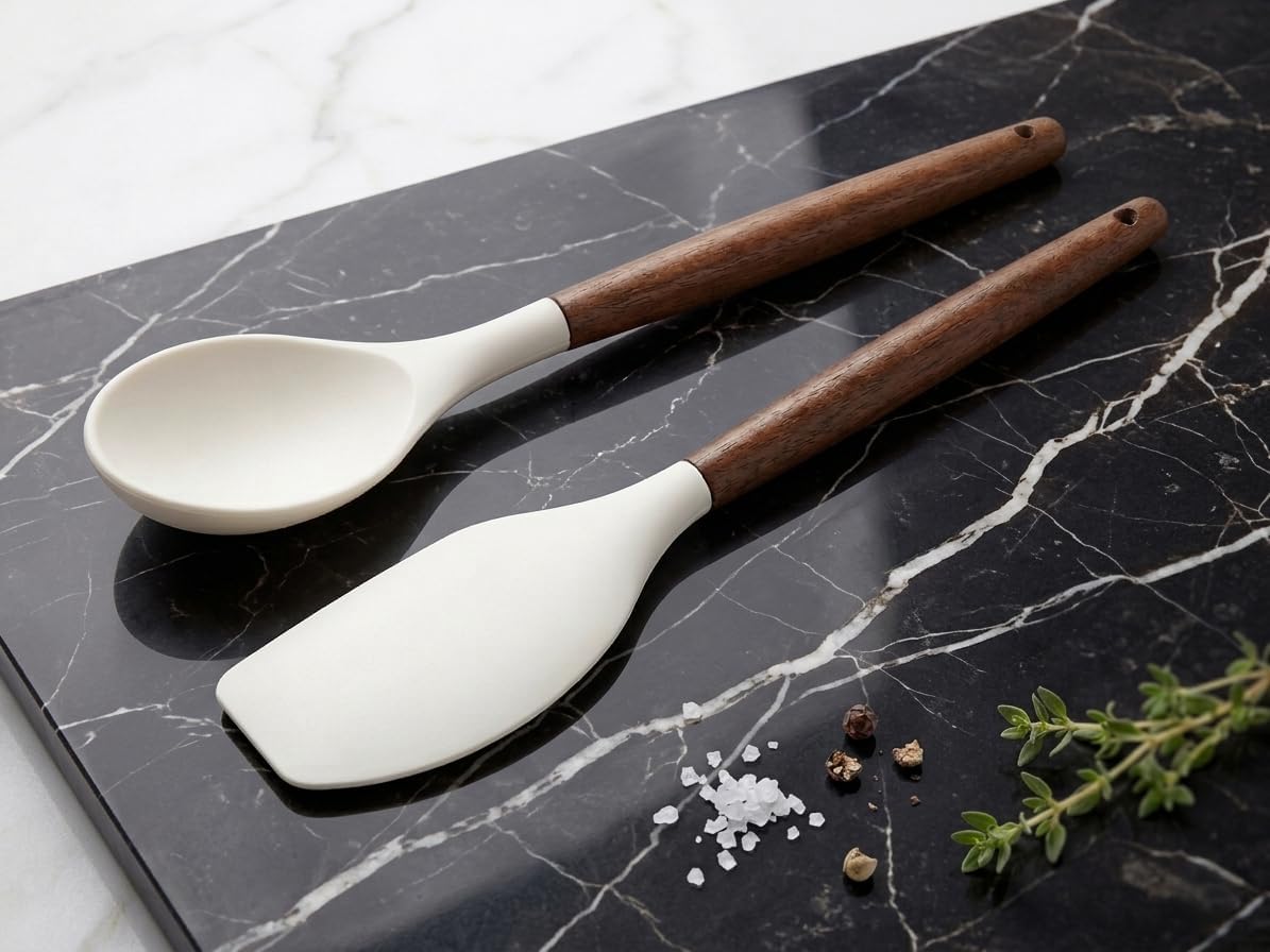 Mutfak Gurmesi - 2’li Premium Silikon ve Akasya Ahşap Mutfak Gereçleri Seti | Isıya Dayanıklı Spatula ve Servis Kaşığı | Yapışmaz Yüzey Dostu, Ergonomik ve Şık Tasarım