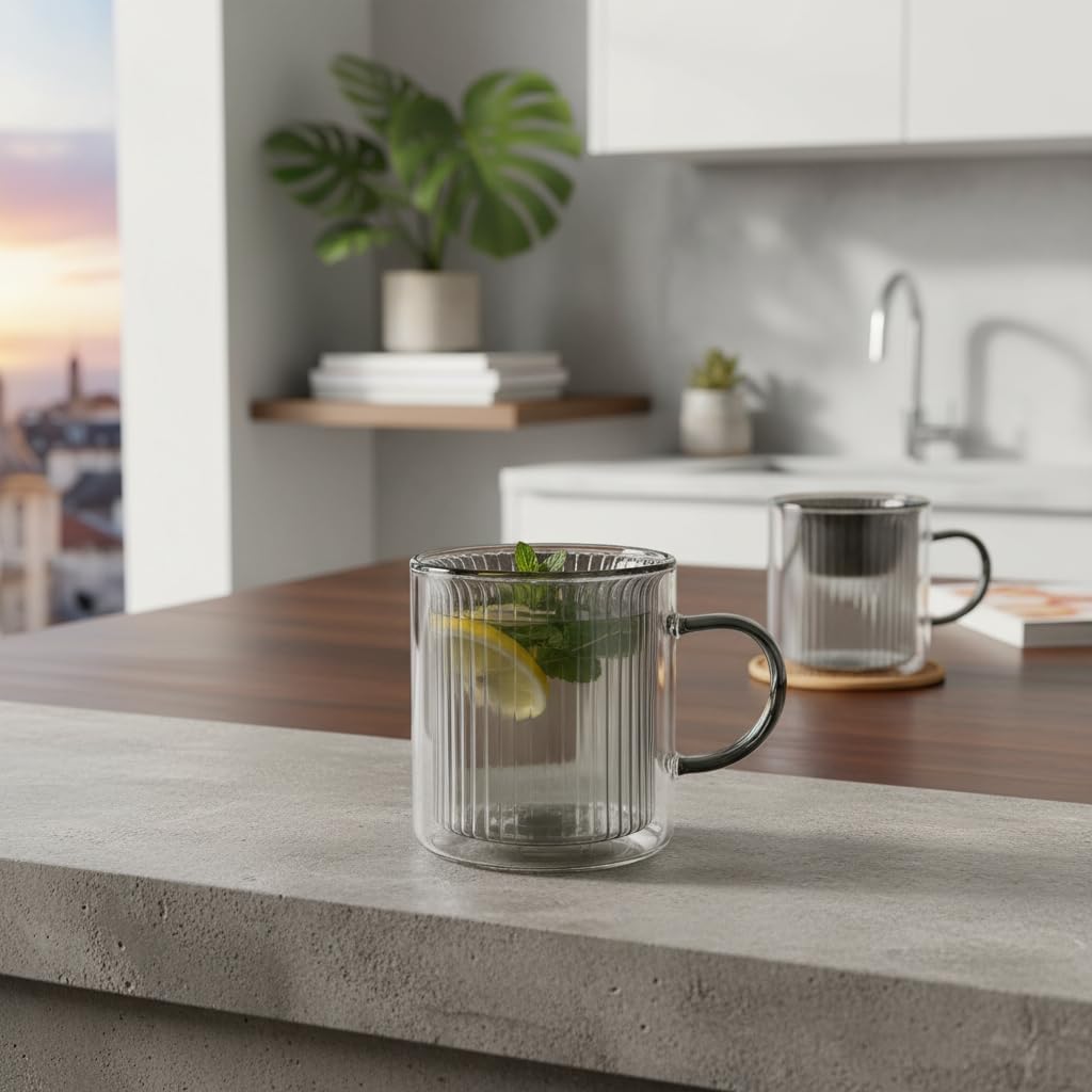 Alternative view of 250 ml Çift Cidarlı Borosilikat Cam Kupa - Antrasit Detaylı, Dikey Çizgili Isıya Dayanıklı Kahve ve Çay Bardağı