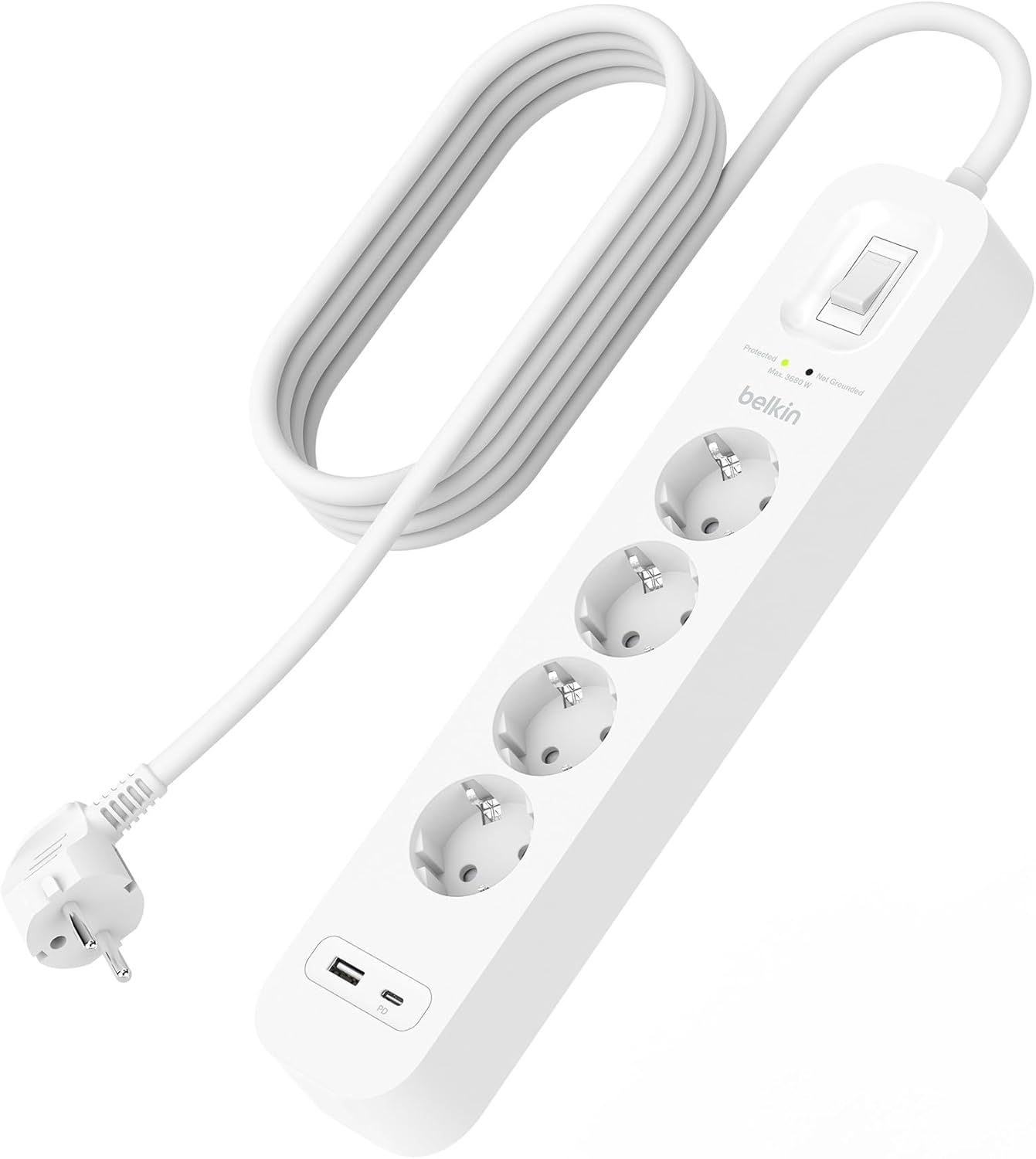 Alternative view of 4'lü çoklu priz, yüksek gerilim korumalı, duvara montaj, 4 priz, 2 m güç kablosu, yeşil ışıklı gösterge, hızlı şarj için USB C PD’li USB-C ve USB-A bağlantısı; 525 jul koruma