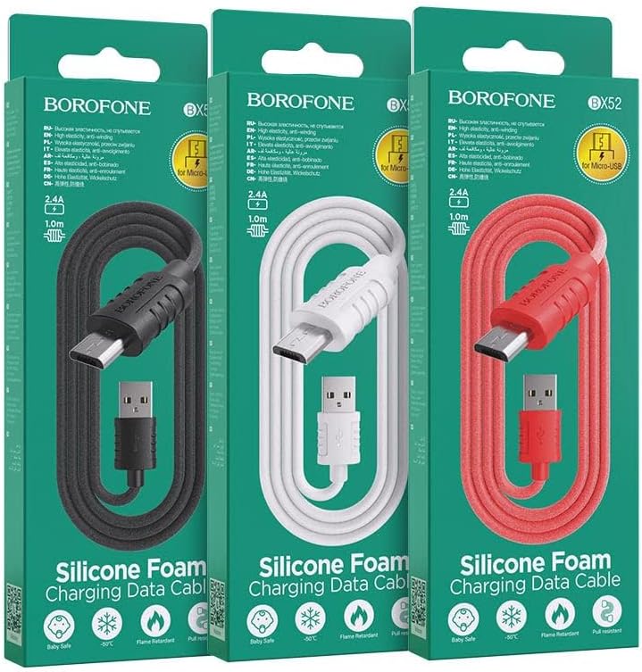 Borofone 2.4A Hızlı Şarj ve Veri Kablosu | 1m Gıda Sınıfı Silikon Malzeme, USB - Micro USB Bağlantı, Yumuşak ve Dayanıklı Esnek Tasarım, Düğümlenme Önleyici Şarj Kablosu | BX52