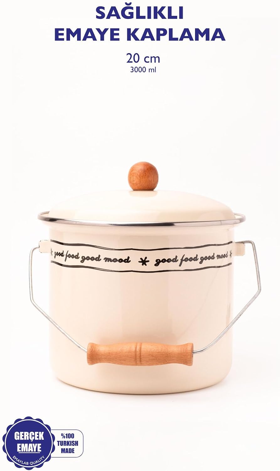 Alternative view of Mood Ahşap Detaylı Emaye Yoğurt/Bakliyat Bakracı(20Cm-3 Litre-Tüm Ocaklarla Uyumlu)