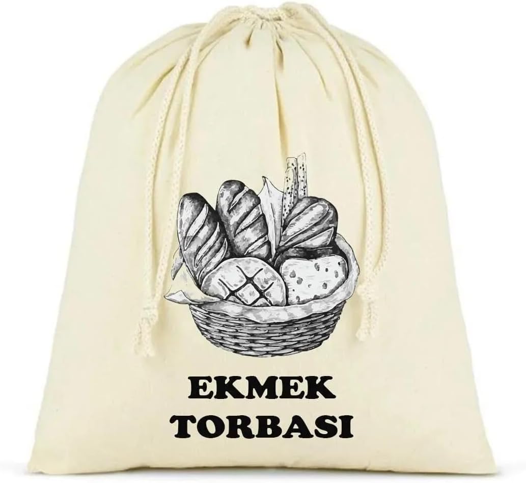 Ekmek Torbası, Pamuk Bez Torba, 40x40 cm, Baskılı Ekmek Desenli, Krem Rengi