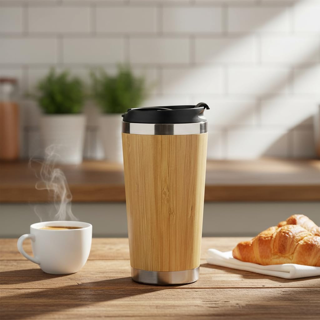 Alternative view of 450 ml Bambu Kaplama Tabanlı Çelik Termos - Sıcak ve Soğuk Tutucu Gümüş Renkli Seyahat Bardağı (Mug)