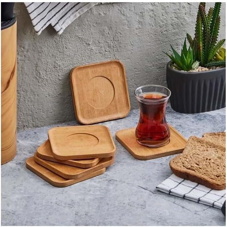 6Adet Bambu Çay Tabağı, Çay Bardağı Altlığı, Estetik Sunum Sunumluk, Doğal Malzeme, Çevre Dostu ve Şık Tasarım (Kare) - Görsel 3