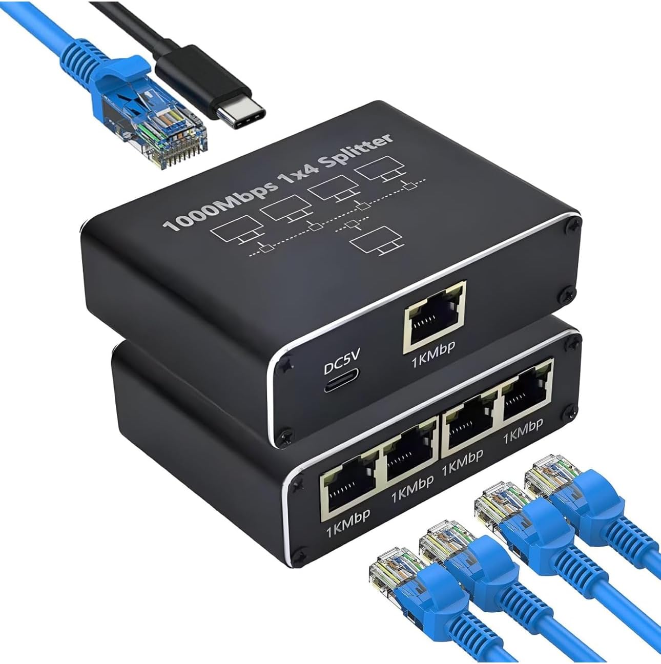 Ethernet Splitter, Gigabit Ağ Bölücü, Bilgisayar, Hub, Anahtar, Yönlendirici 1x4 Portlu, Evrensel Ağ Genişletici, USB-C Güç Girişli, 1000Mbps RJ45 LAN İnternet Splitter Eşzamanlı Çalışma - Görsel 3
