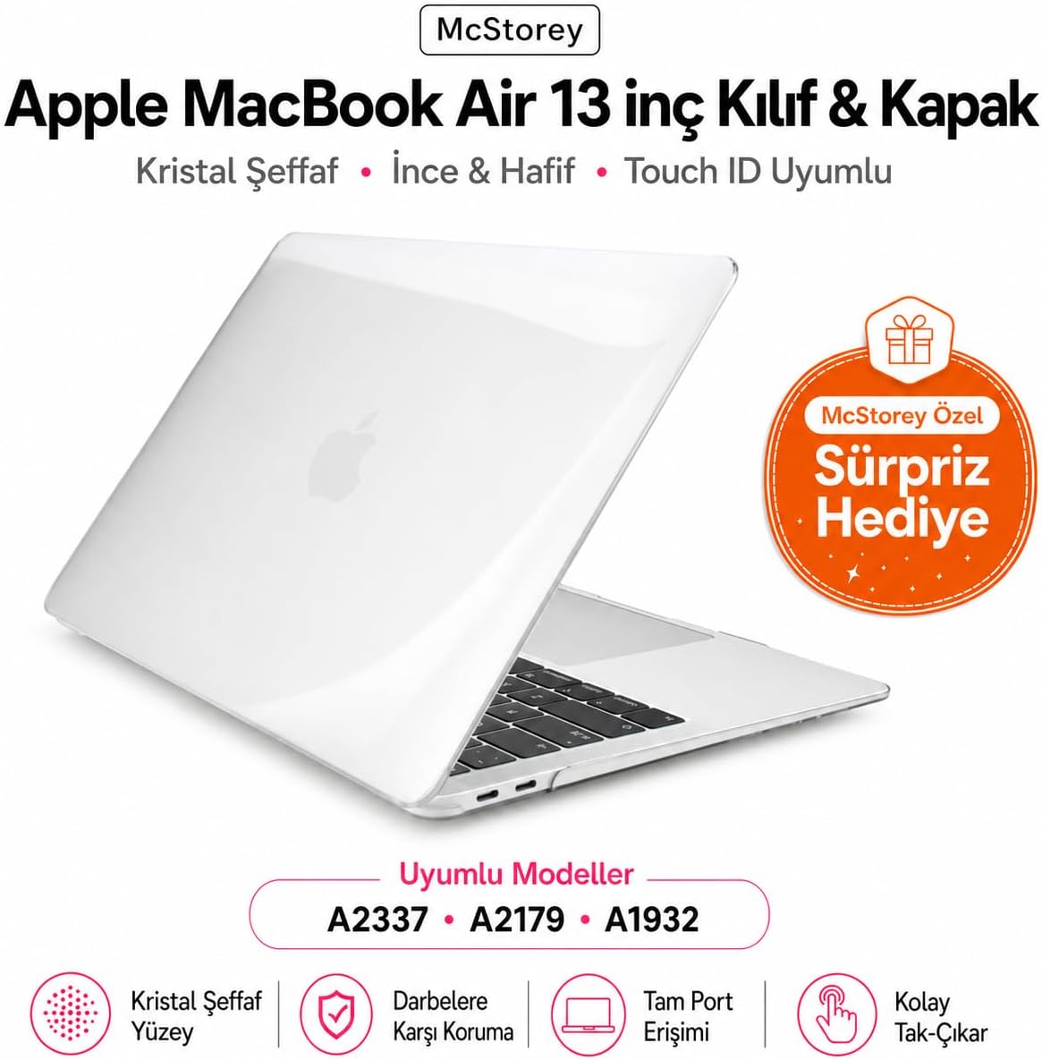 Alternative view of MacBook Air 13 İnç Kılıf Parlak Kristal Beyaz Düz Desenli Koruyucu Sert Kapak A2337 M1 2020 ve A2179 2020 A1932 2018-2019 Uyumlu İnce Hafif Dizüstü Bilgisayar Kılıfı