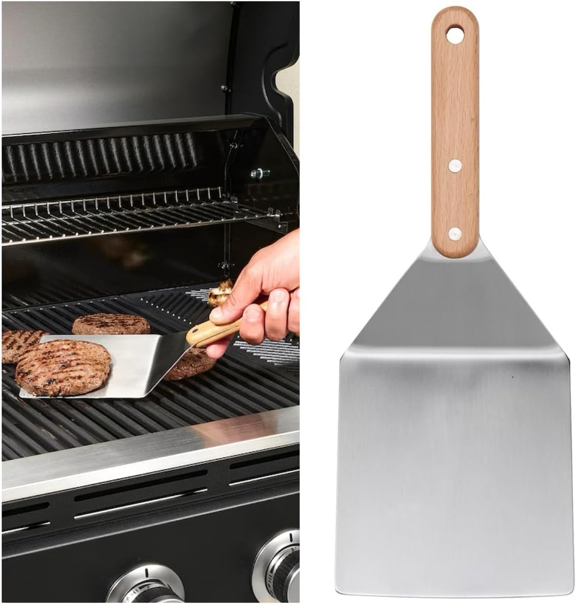 Alternative view of 30 cm Paslanmaz Çelik Izgara Hamburger Spatulası, Ahşap Sap, Barbekü Mangal Spatulası