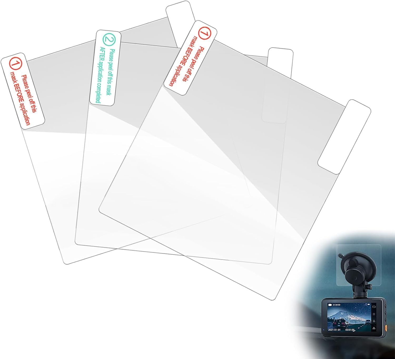 3 x şeffaf anti-statik filmler, ön cama yapışır, tüm dashcam ile uyumludur - Görsel 3