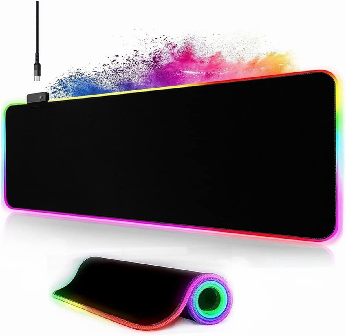Owege Oyun fare altlığı XXL 800 x 300 mm RGB fare altlığı, büyük, 14 aydınlatma modu, 7 LED renk, dikişli kenarlar, su geçirmez, kaymaz, hassasiyeti artırır, komple siyah - Görsel 3