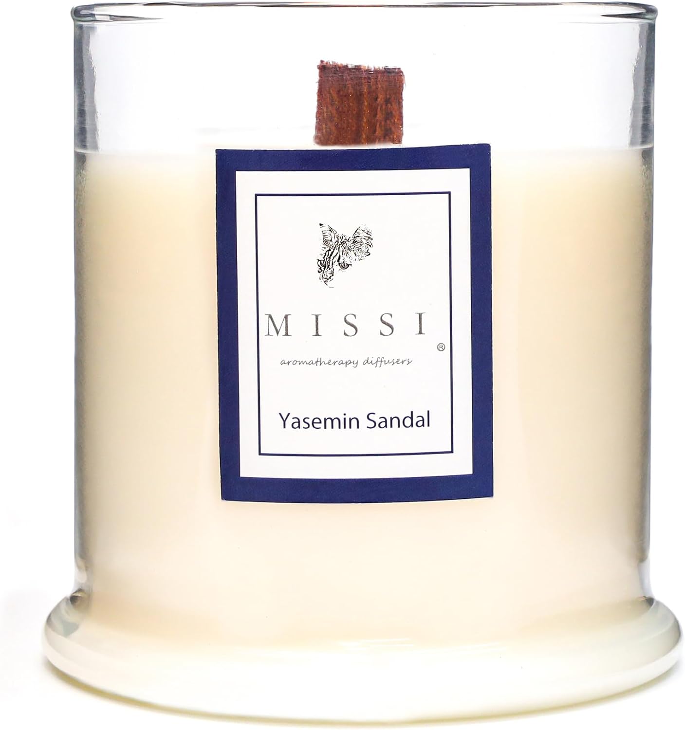 Üfleme Cam Ahşap Fitilli Yasemin Sandal Kokulu Vegan Mum (140 gr)