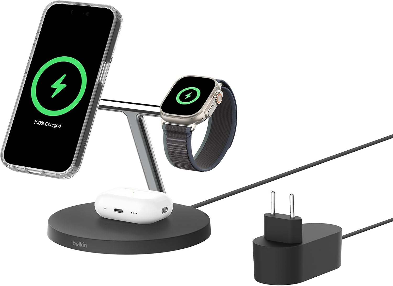 3'ü 1 Arada Qi2 şarj cihazı, MagSafe uyumlu kablosuz şarj istasyonu, Apple iPhone 16 Serisi, Apple Watch, Kaymaz Tabanlı AirPods için Qi2 Kablosuz Şarj Aleti, PSU Dahil - Siyah - Görsel 3