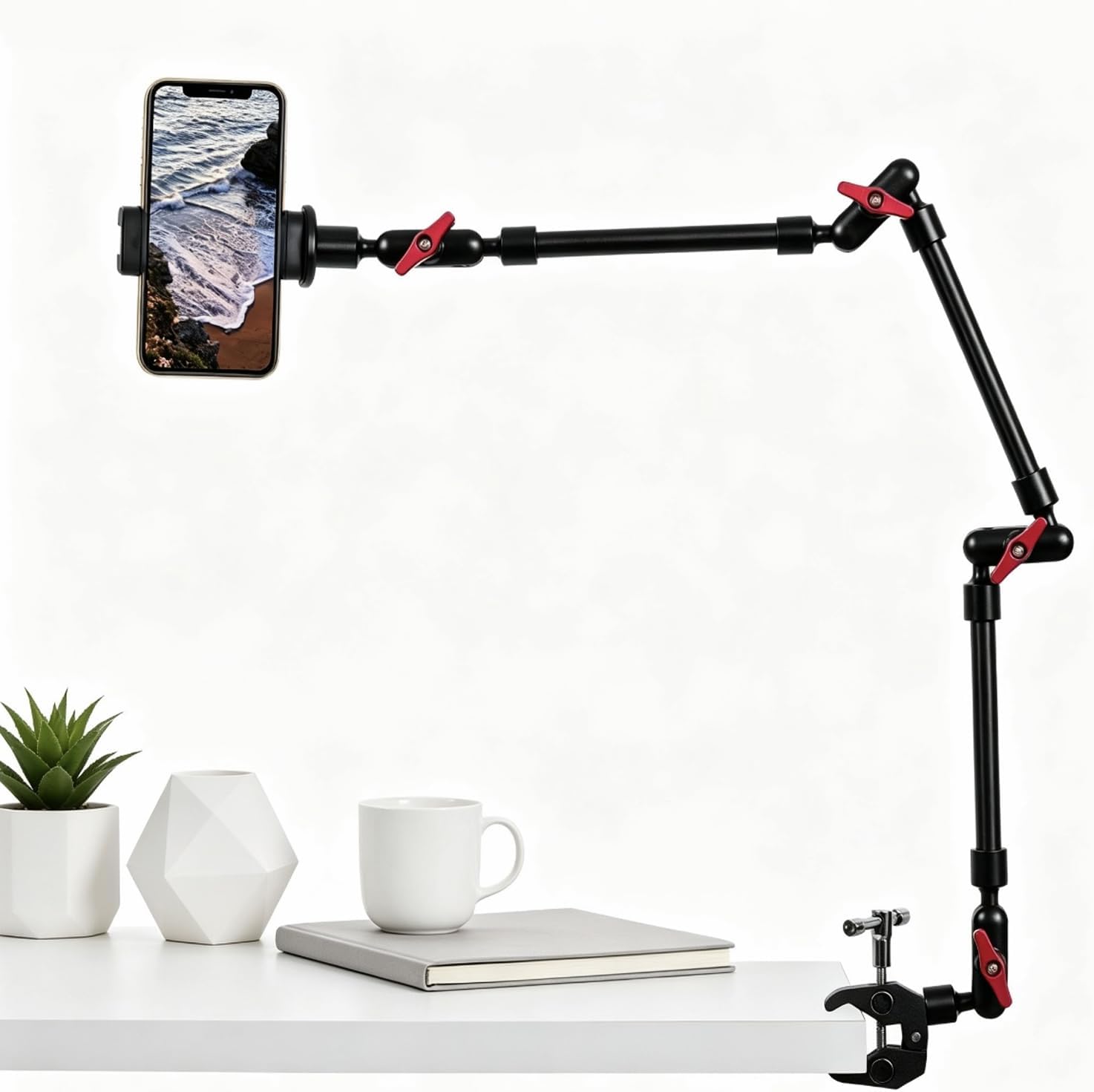 Ayarlanabilir Eklemli Sihirli Kol Kelepçe ve Telefon Tutucu Klipsli Masa Montajı, Masa Standı, Cep Telefonu Tripod (3 arms+kelepçe+Klip)
