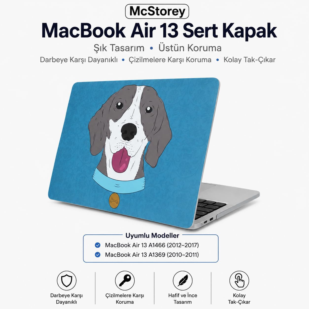 Alternative view of MacBook Air Kılıf 13 İnç A1369 A1466 Uyumlu Sert Kapak Dog01 Tasarım İnce Hafif Darbe Önleyici Hard Case Çizilmeye Dayanıklı Eski Kasa 2010-2017 Koruyucu Kapak Açık Mavi