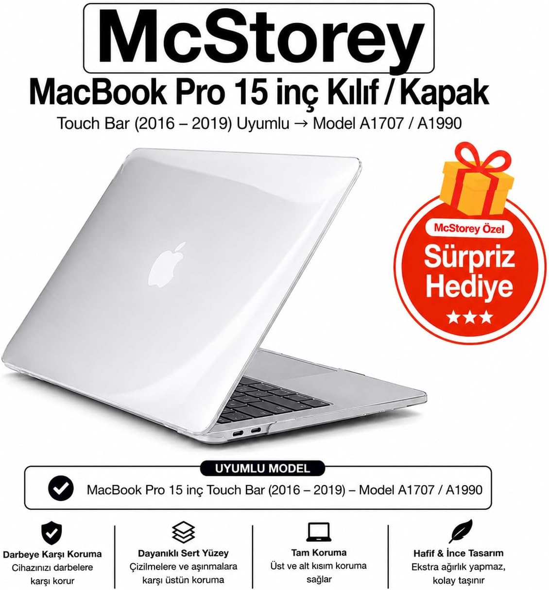 Alternative view of MacBook Pro 15 Kristal Şeffaf Kılıf A1707 A1990 Uyumlu Parlak Sert TPU Kılıf İnce Hafif Koruyucu Kapak 2016-2019 Şeffaf