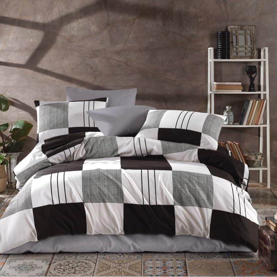 Lüks%80 Pamuklu Çift Kişilik Nevresim Takımı Seti Yorgan Kılıfı Siyah Gri Beyaz Kareli Desen 200x220 cm + Lastikli Battal Boy Çarşaf 180x200x30 cm +2 Yastık Kılıflı 50x70 cm